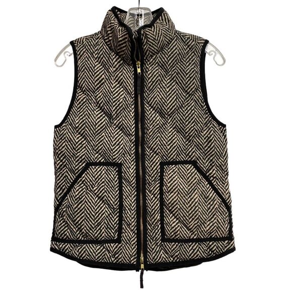 J. Crew Herringbone Down Feathers Vest Women Size XS Quilted Black Cream Preppy - Picture 2 of 14